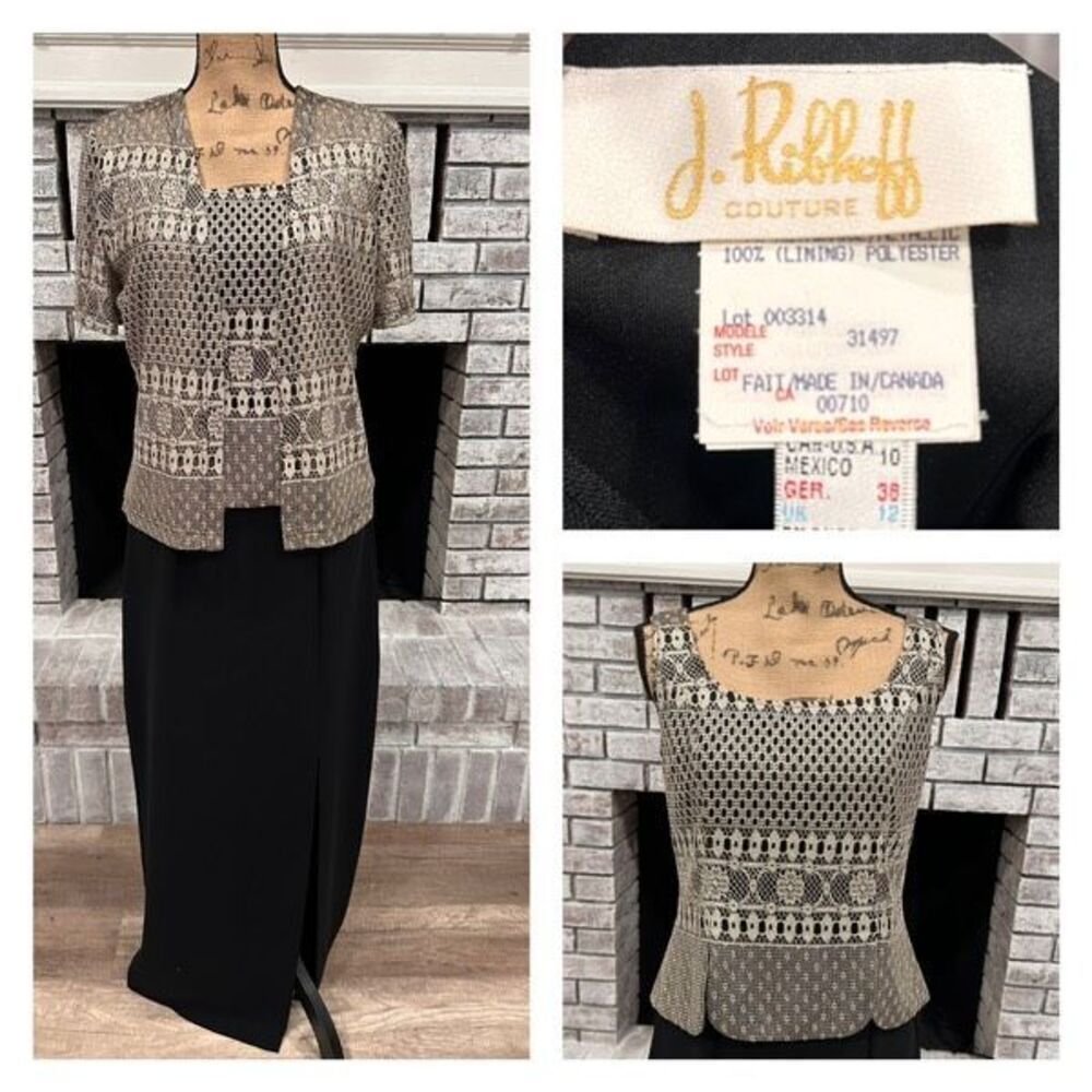 Vintage Joseph Ribkoff Couture 3-Piece Cardigan Top Skirt Black Metallic Size 10
